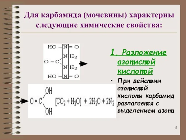 Для карбамида (мочевины) характерны следующие химические свойства: 1. Разложение азотистой кислотой При