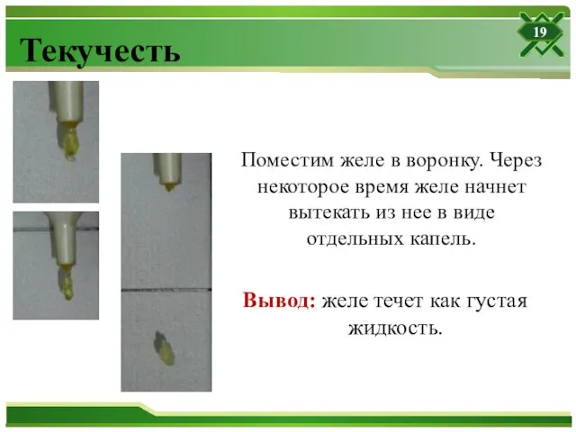 Текучесть Вывод: желе течет как густая жидкость. 19 Поместим желе в воронку.