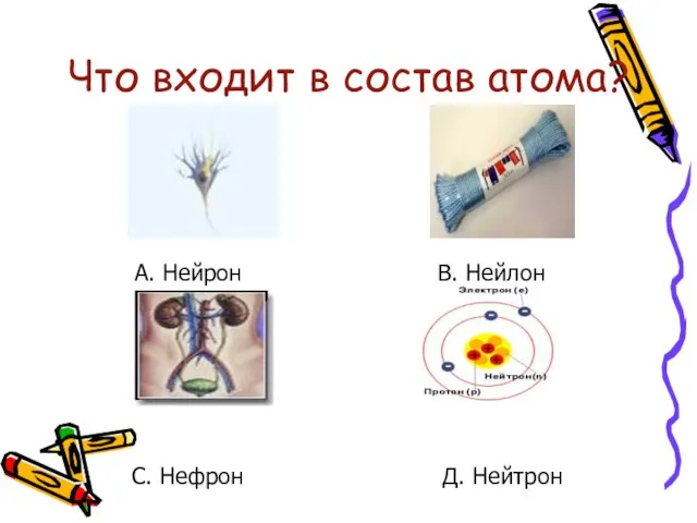 Что входит в состав атома? А. Нейрон В. Нейлон С. Нефрон Д. Нейтрон