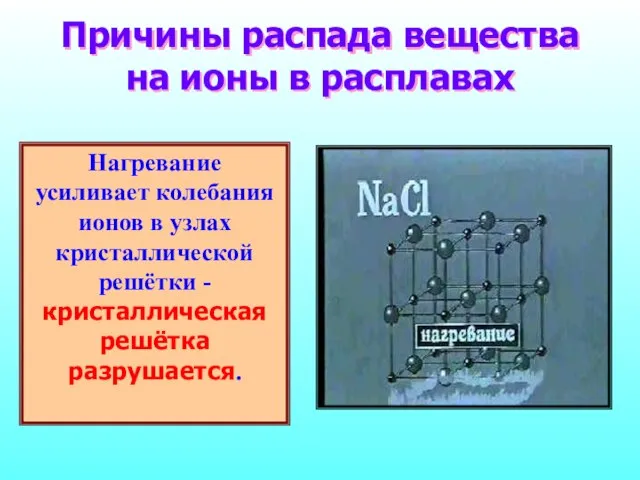 Причины распада вещества на ионы в расплавах Нагревание усиливает колебания ионов в