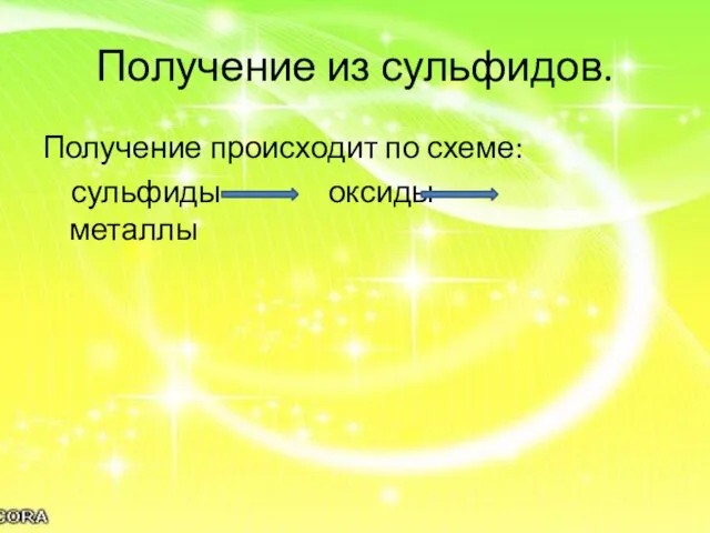 Получение из сульфидов. Получение происходит по схеме: сульфиды оксиды металлы