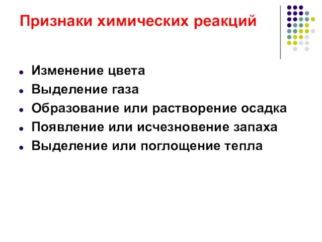 Признаки химических реакций Изменение цвета Выделение газа Образование или растворение осадка Появление