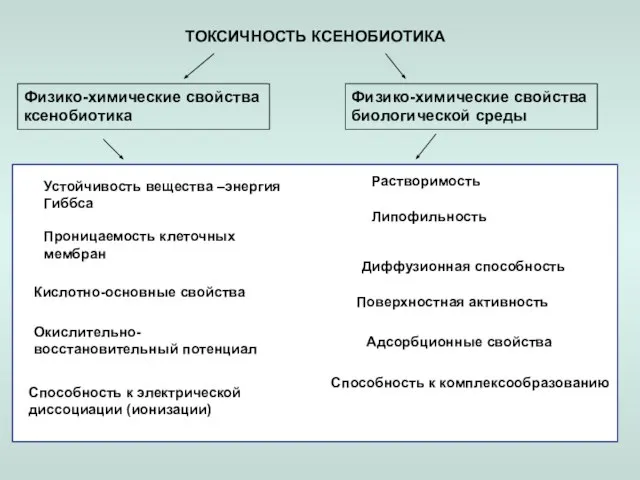 ТОКСИЧНОСТЬ КСЕНОБИОТИКА Адсорбционные свойства Физико-химические свойства биологической среды Устойчивость вещества –энергия Гиббса