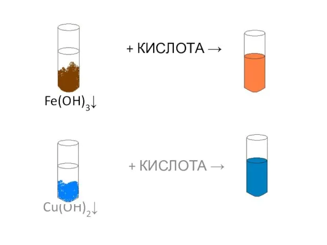 + КИСЛОТА → Fe(OH)3↓ + КИСЛОТА → Cu(OH)2↓