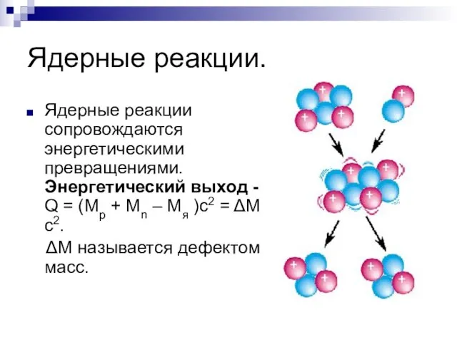 Ядерные реакции. Ядерные реакции сопровождаются энергетическими превращениями. Энергетический выход - Q =