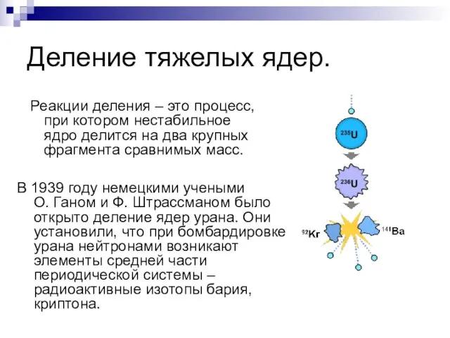 Деление тяжелых ядер. Реакции деления – это процесс, при котором нестабильное ядро