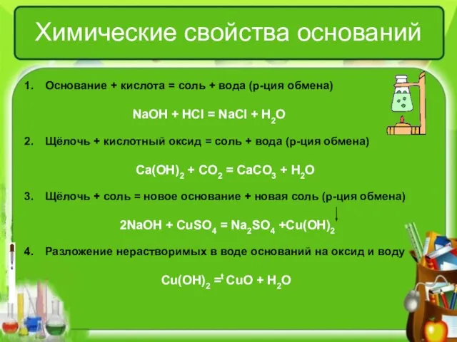 Химические свойства оснований Основание + кислота = соль + вода (р-ция обмена)