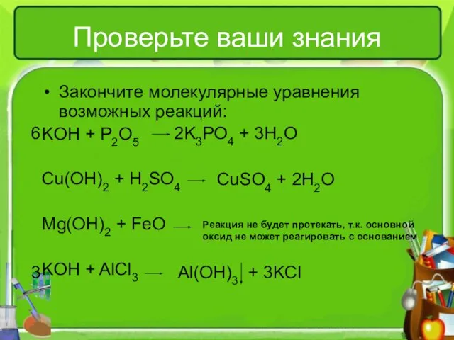 Проверьте ваши знания Закончите молекулярные уравнения возможных реакций: KOH + P2O5 Cu(OH)2