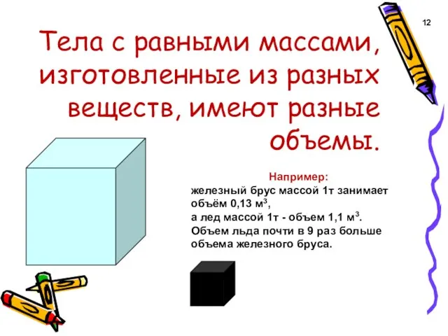 Тела с равными массами, изготовленные из разных веществ, имеют разные объемы. 12