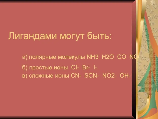 Лигандами могут быть: а) полярные молекулы NH3 H2O CO NO б) простые