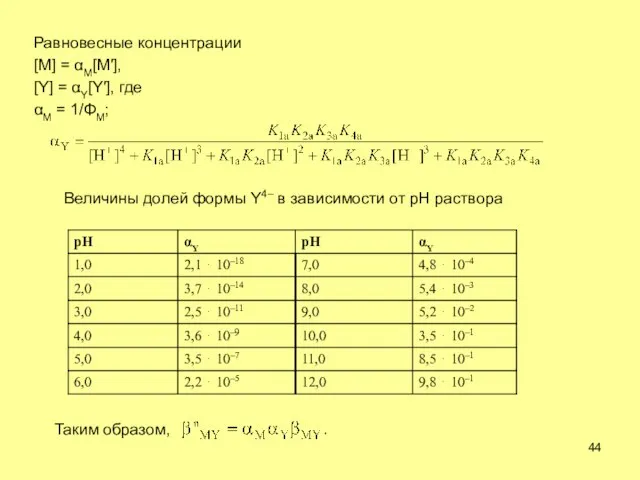 Равновесные концентрации [M] = M[M], [Y] = Y[Y], где M = 1/M;