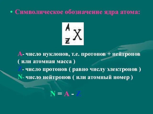 Символическое обозначение ядра атома: А- число нуклонов, т.е. протонов + нейтронов (