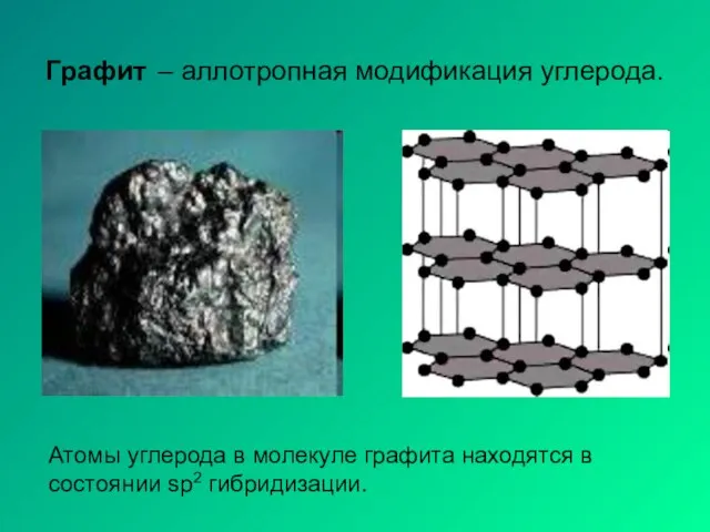 Графит – аллотропная модификация углерода. Атомы углерода в молекуле графита находятся в состоянии sp2 гибридизации.