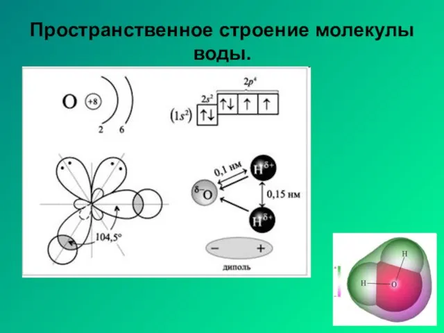 Пространственное строение молекулы воды.