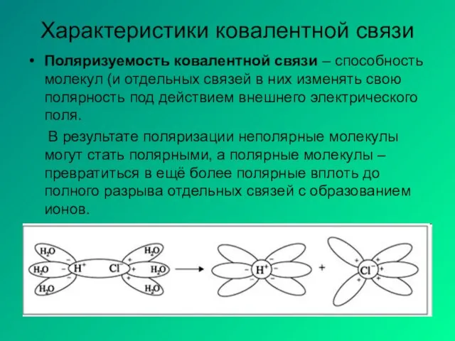 Характеристики ковалентной связи Поляризуемость ковалентной связи – способность молекул (и отдельных связей