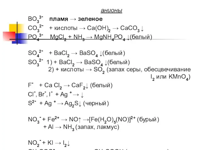 анионы BO33- пламя → зеленое CO32- + кислоты → Ca(OH)2 → CaCO3