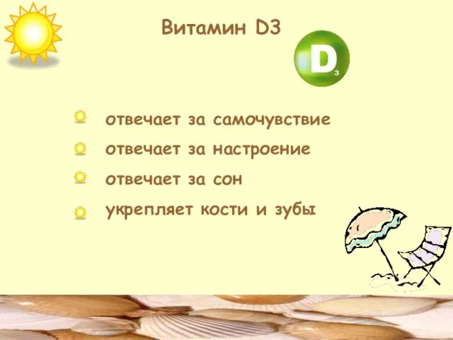 Витамин D3 отвечает за самочувствие отвечает за настроение отвечает за сон укрепляет кости и зубы