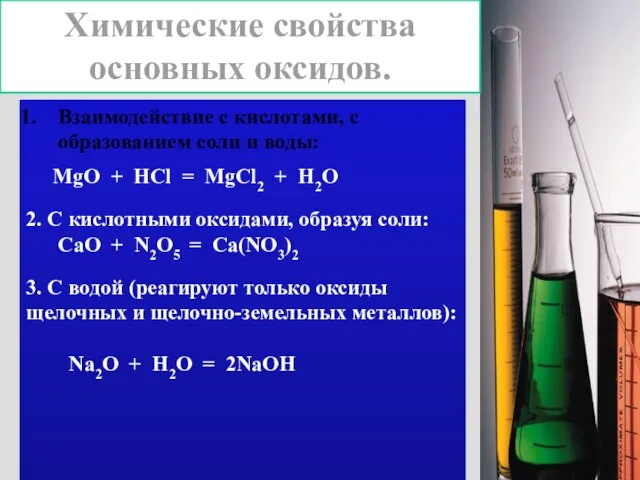 Химические свойства основных оксидов. Взаимодействие с кислотами, с образованием соли и воды: