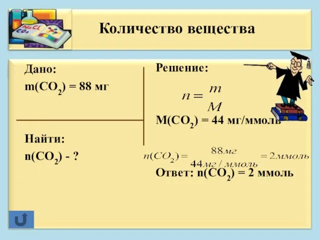 Дано: m(CO2) = 88 мг Найти: n(CO2) - ? Решение: M(CO2) =