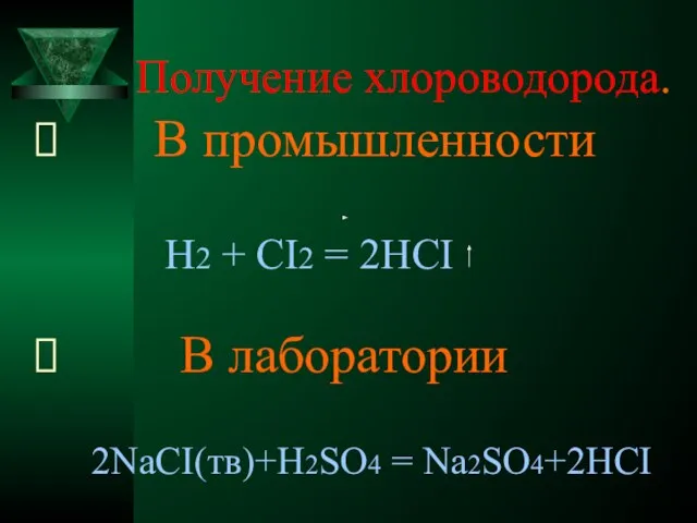 Получение хлороводорода. В промышленности H2 + CI2 = 2HCI В лаборатории 2NaCI(тв)+H2SO4 = Na2SO4+2HCI