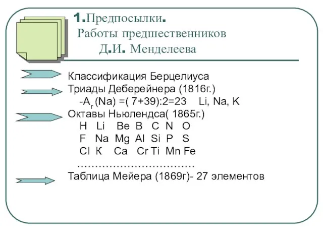 1.Предпосылки. Работы предшественников Д.И. Менделеева Классификация Берцелиуса Триады Деберейнера (1816г.) -Аr (Na)