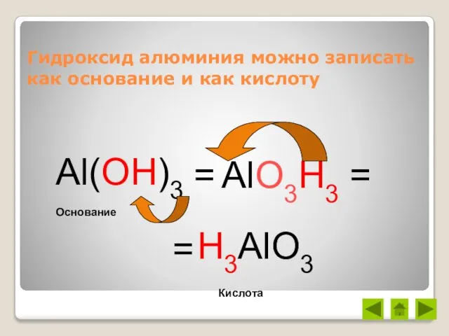 Гидроксид алюминия можно записать как основание и как кислоту Al(OH)3 = H3AlO3