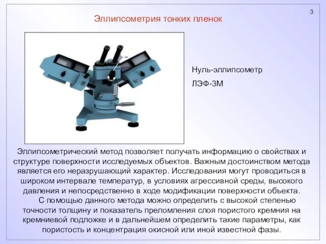 Эллипсометрия тонких пленок Эллипсометрический метод позволяет получать информацию о свойствах и структуре