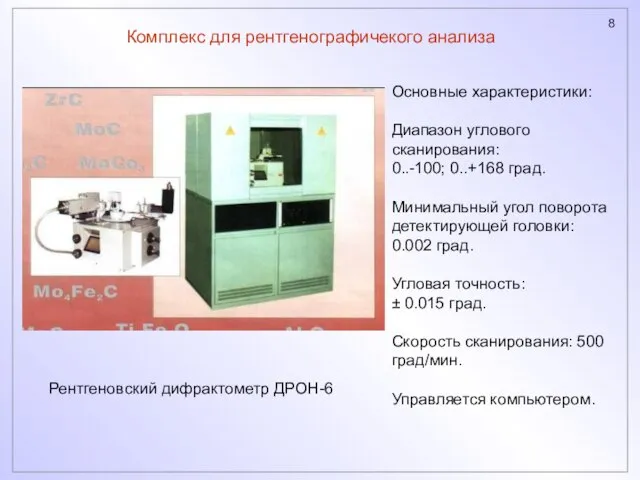 Комплекс для рентгенографичекого анализа Рентгеновский дифрактометр ДРОН-6 Основные характеристики: Диапазон углового сканирования: