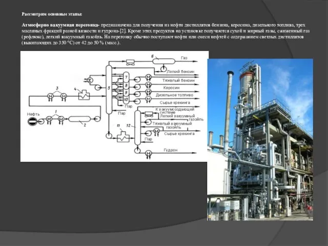 Рассмотрим основные этапы: Атмосферно вакуумная перегонка- предназначена для получения из нефти дистиллятов