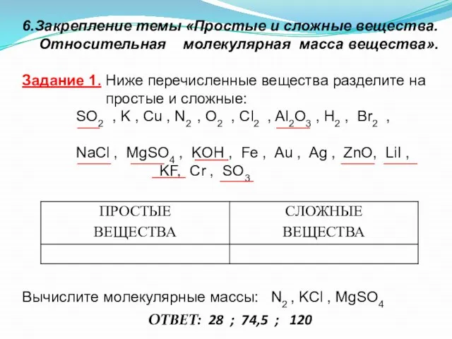 6.Закрепление темы «Простые и сложные вещества. Относительная молекулярная масса вещества». Задание 1.