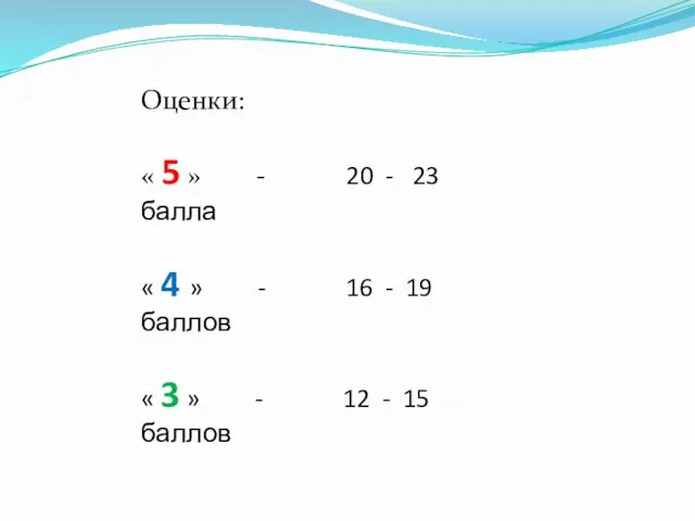 Оценки: « 5 » - 20 - 23 балла « 4 »