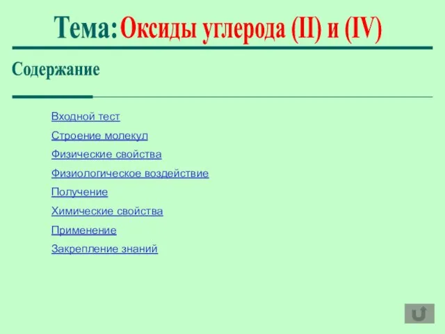 Оксиды углерода (II) и (IV) Тема: Содержание Входной тест Строение молекул Физические