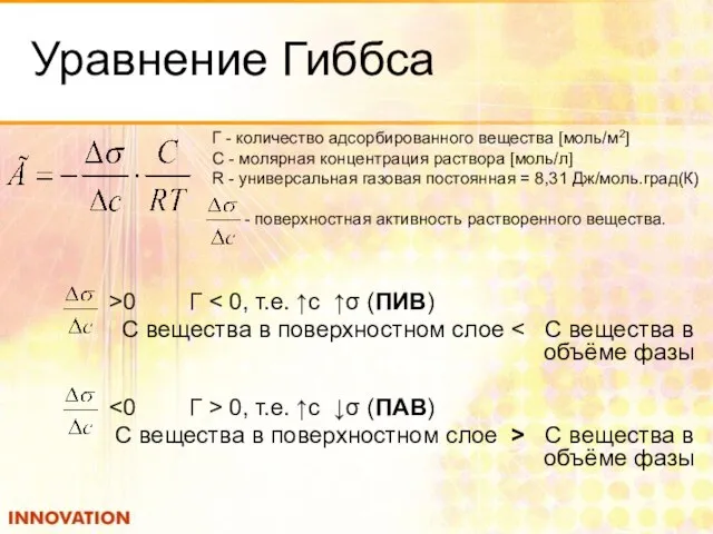 Уравнение Гиббса >0 Г С вещества в поверхностном слое 0, т.е. ↑с