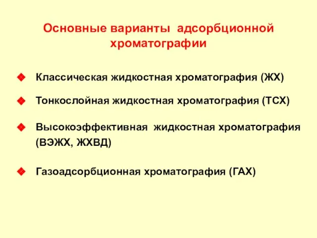 Основные варианты адсорбционной хроматографии Классическая жидкостная хроматография (ЖХ) Тонкослойная жидкостная хроматография (ТСХ)