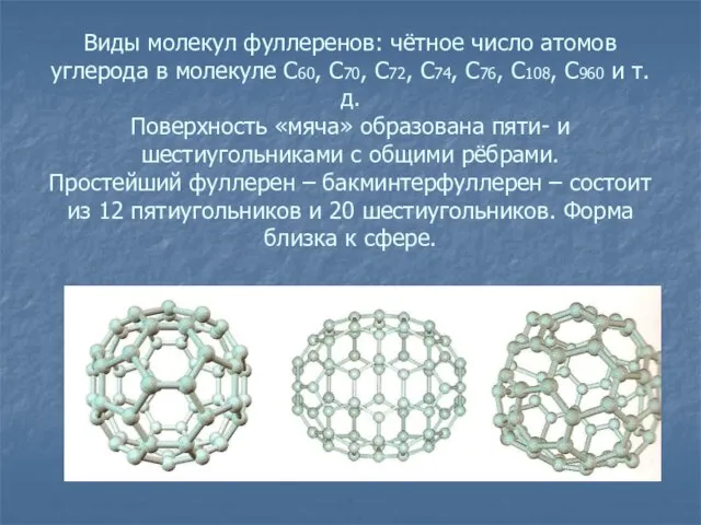 Виды молекул фуллеренов: чётное число атомов углерода в молекуле С60, С70, С72,