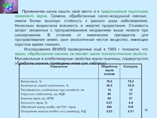 Таблица №1 Применение озона нашло своё место и в предпосевной подготовке семенного