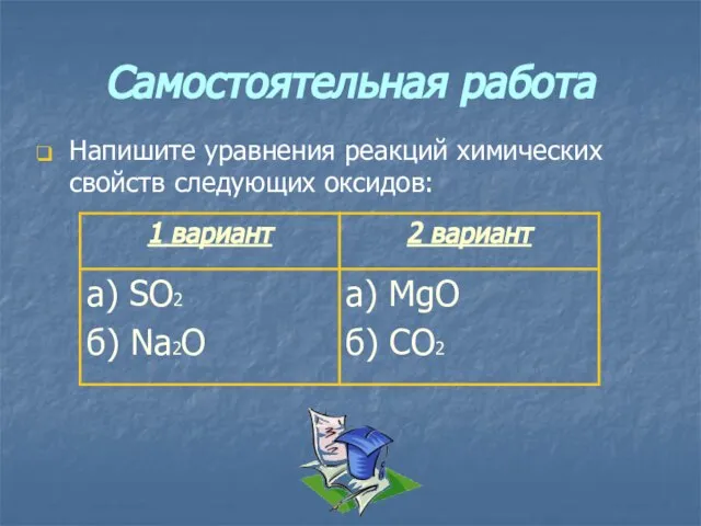 Самостоятельная работа Напишите уравнения реакций химических свойств следующих оксидов: