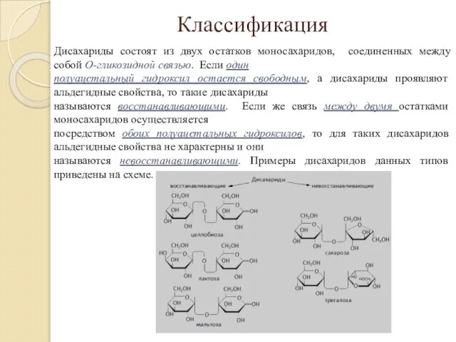 Классификация Дисахариды состоят из двух остатков моносахаридов, соединенных между собой О-гликозидной связью.