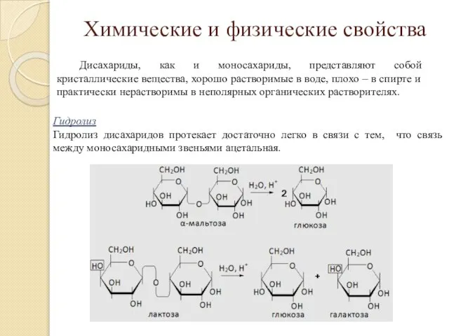 Химические и физические свойства Гидролиз Гидролиз дисахаридов протекает достаточно легко в связи