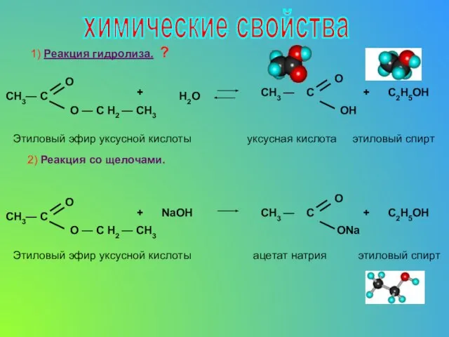 химические свойства 1) Реакция гидролиза. ? Этиловый эфир уксусной кислоты уксусная кислота