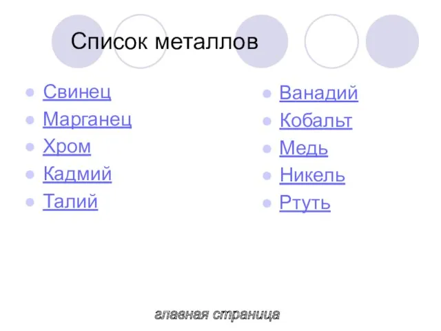 Список металлов Свинец Марганец Хром Кадмий Талий Ванадий Кобальт Медь Никель Ртуть главная страница