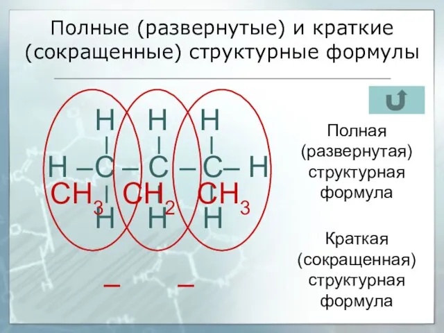 Полные (развернутые) и краткие (сокращенные) структурные формулы С С С Н –