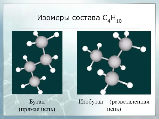 Бутан (прямая цепь) Изобутан (разветвленная цепь) Изомеры состава С4Н10