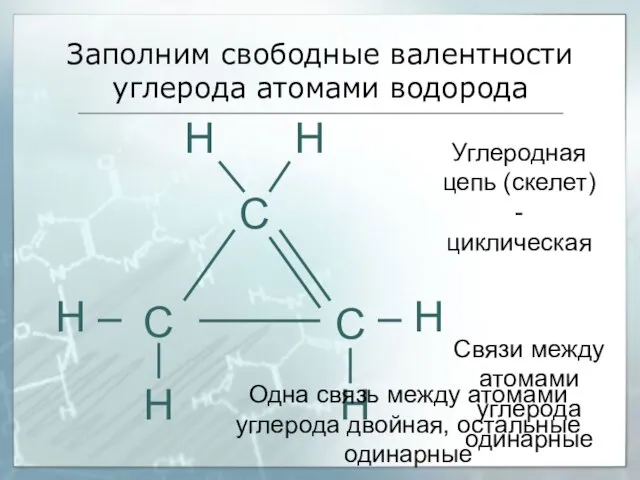 Заполним свободные валентности углерода атомами водорода С С С – Н Н