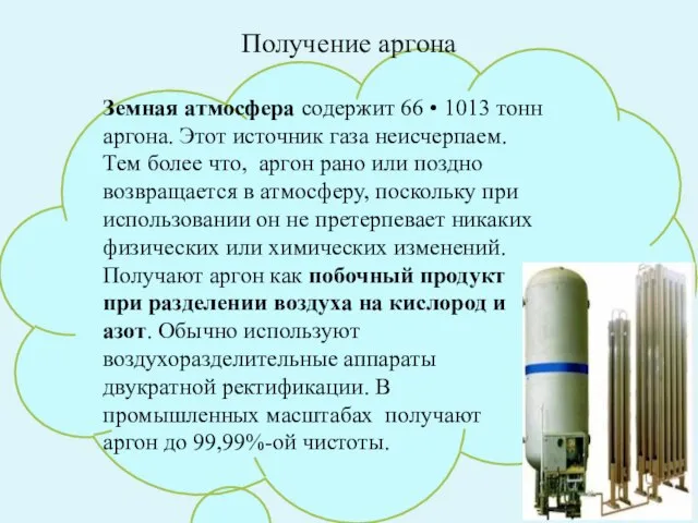 Земная атмосфера содержит 66 • 1013 тонн аргона. Этот источник газа неисчерпаем.