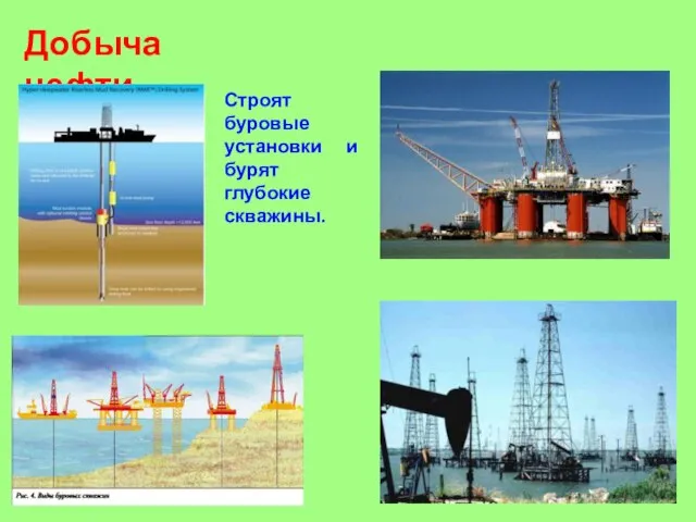 Добыча нефти Строят буровые установки и бурят глубокие скважины.