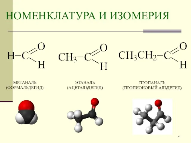 НОМЕНКЛАТУРА И ИЗОМЕРИЯ метаналь (формальдегид) этаналь (ацетальдегид) пропаналь (пропионовый альдегид)