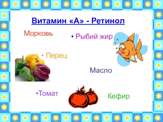 Витамин «А» - Ретинол Морковь Рыбий жир Перец Кефир Масло Томат
