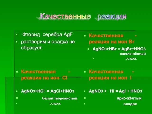 Качественная - реакция на ион Br AgNO3+HBr = AgBr+HNO3 светло-жёлтый осадок Качественная