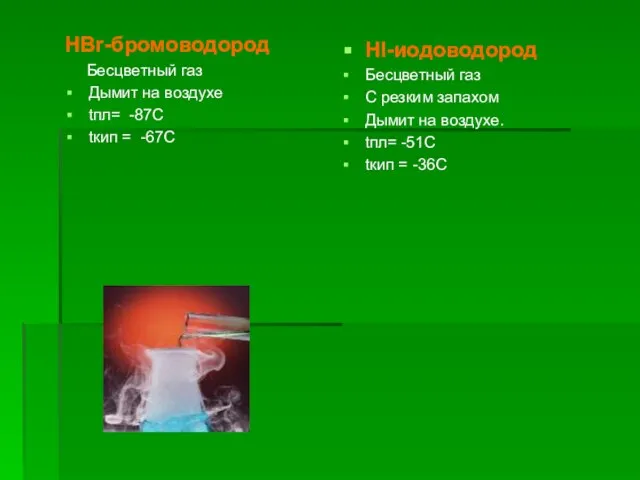 HBr-бромоводород Бесцветный газ Дымит на воздухе tпл= -87С tкип = -67C Hl-иодоводород